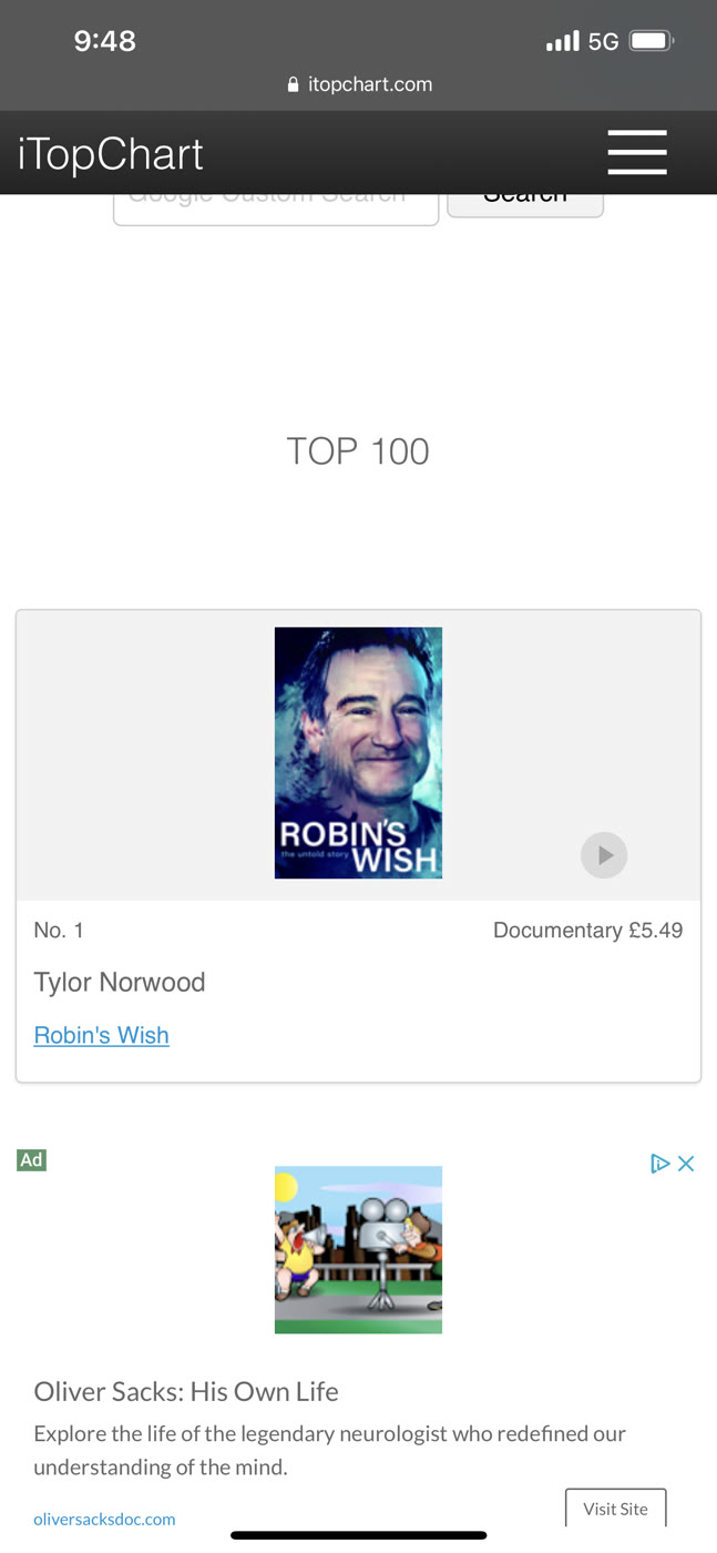 Robin's Wish — No. 1 documentary · iTunes chart